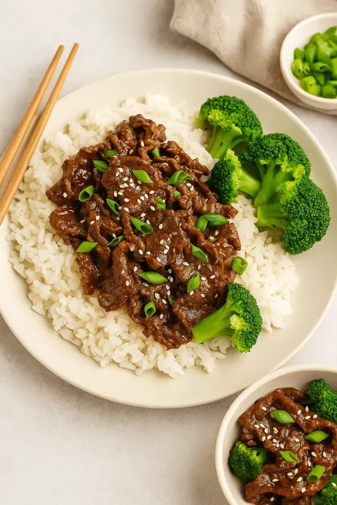 A plated shaved beef recipe served with white rice and steamed broccoli, garnished with sesame seeds and green onions.