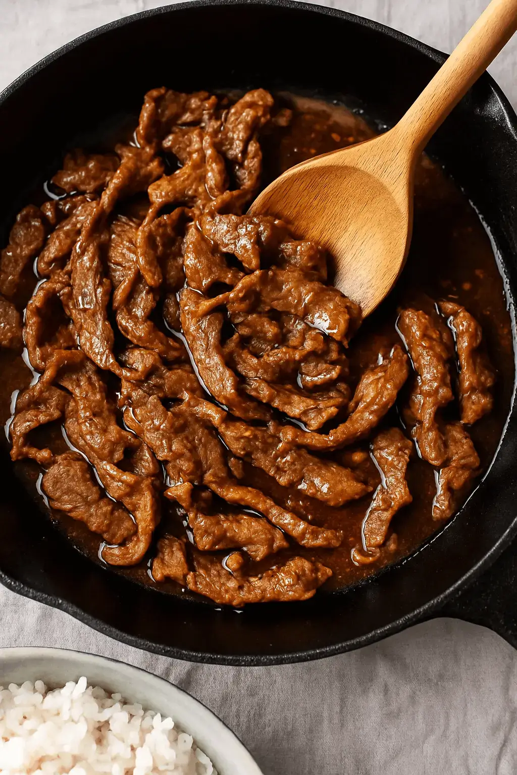 Shaved beef recipe cooking in a skillet with a wooden spoon, simmering in savory sauce.
