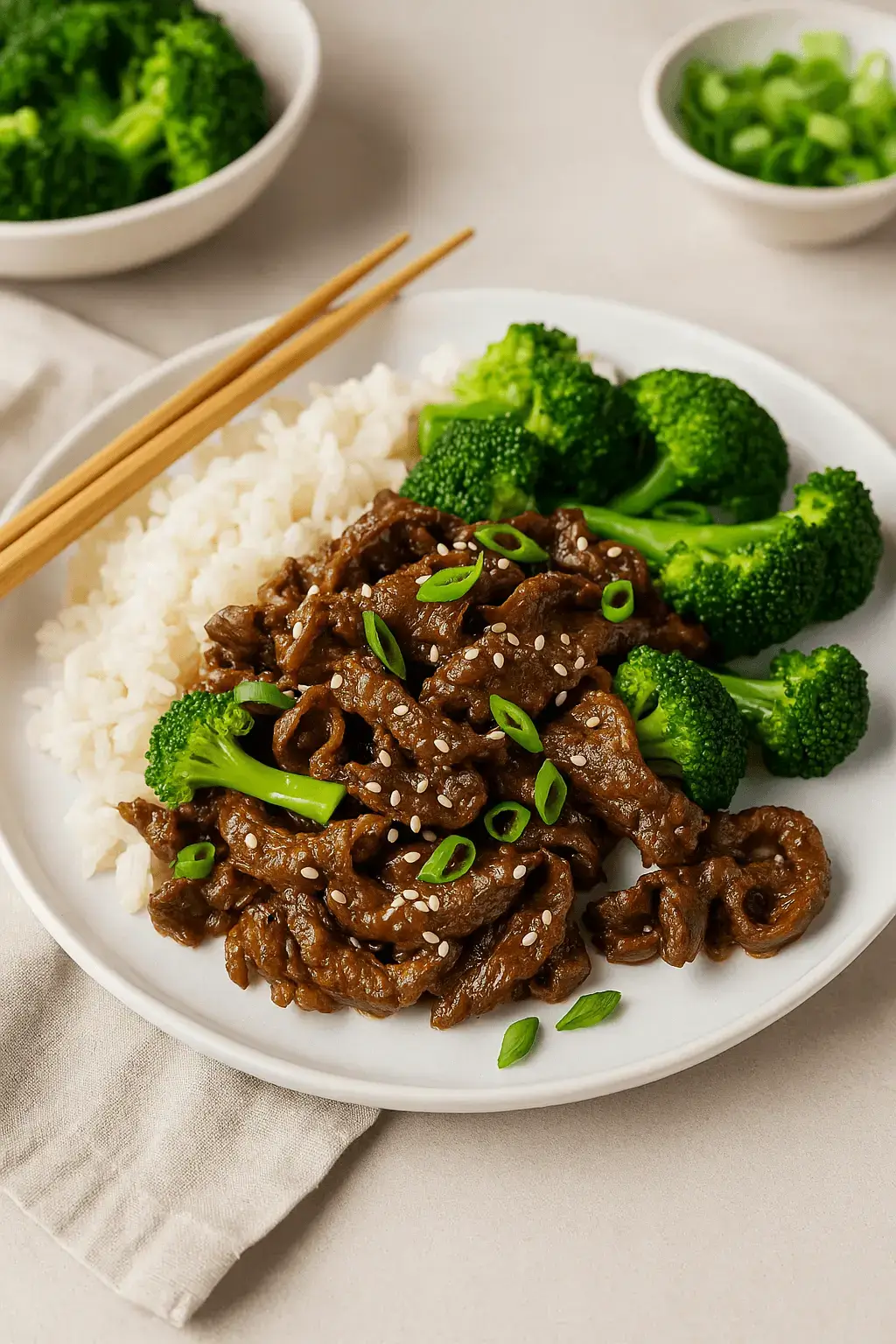 Plate of shaved beef recipe served with steamed broccoli and rice, garnished with sesame seeds and green onions.