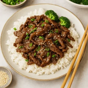 Bowl of shaved beef recipe served over white rice, topped with sesame seeds and chopped green onions.