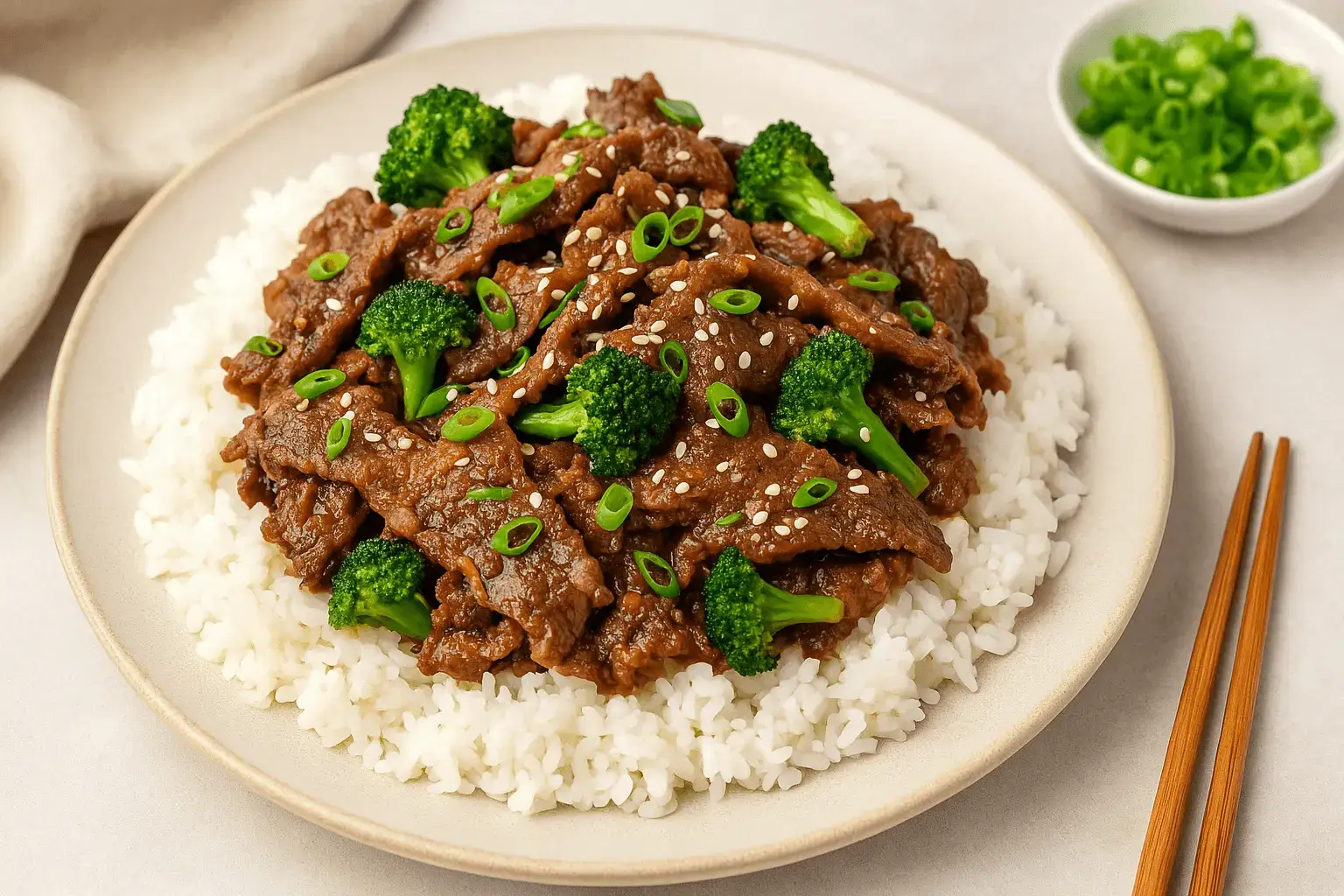 A savory shaved beef recipe served over white rice with broccoli, sesame seeds, and green onions on a ceramic plate.
