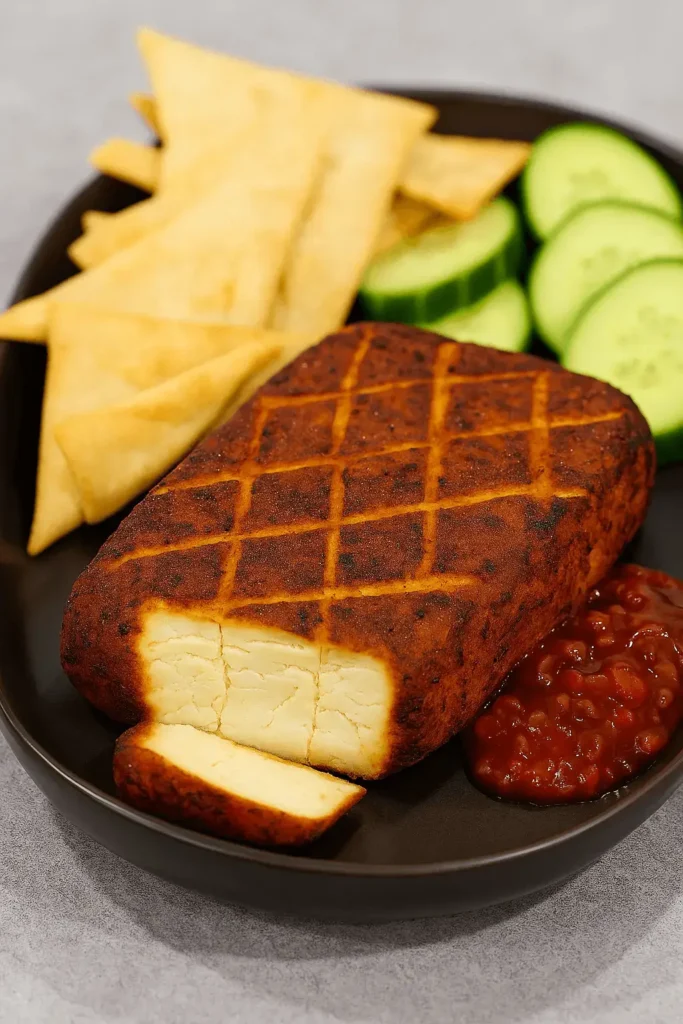 Smoked cream cheese served on a black plate with pita chips, cucumber slices, and red pepper jelly.