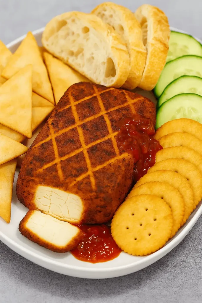 Smoked cream cheese served with pita chips, baguette slices, cucumbers, and crackers on a white plate.