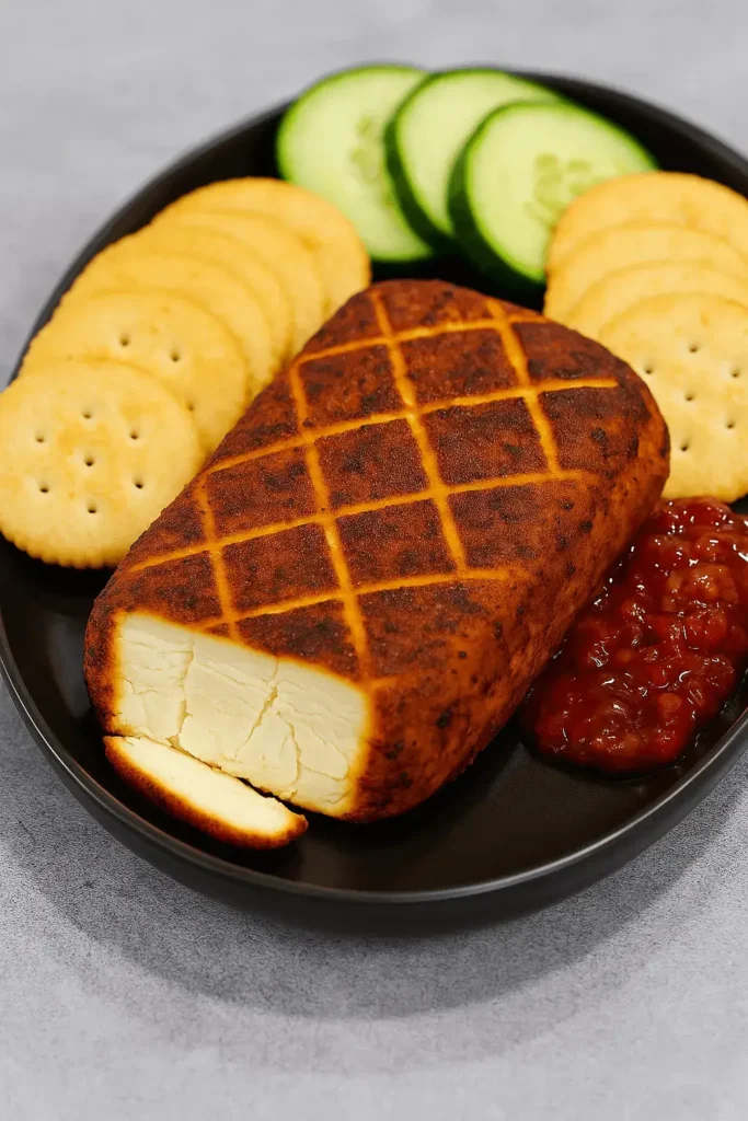 Smoked cream cheese served with round crackers, cucumber slices, and a spoonful of savory jam.