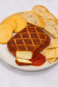 Smoked cream cheese served with crackers, baguette slices, and tortilla chips on a white plate.