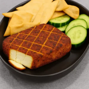 Smoked cream cheese with pita chips and cucumber slices on a dark plate.