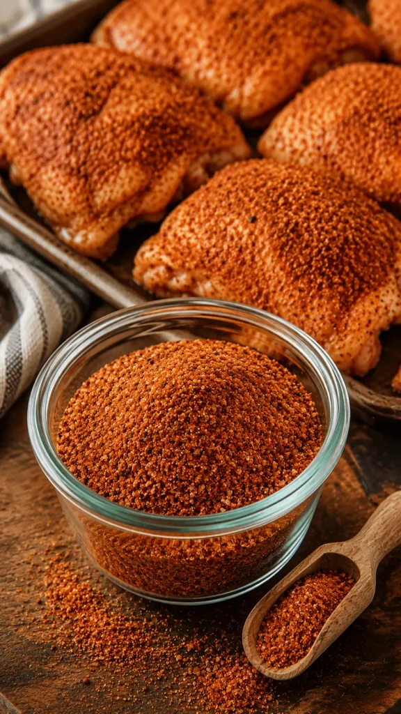 Homemade smoked chicken rub in a glass bowl with a wooden scoop beside seasoned chicken thighs.
