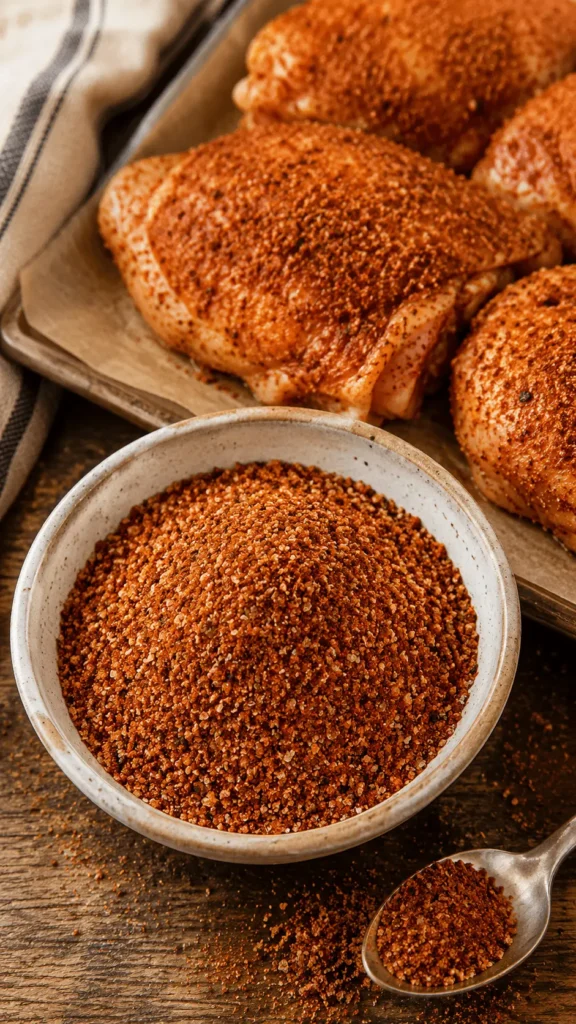 Smoked chicken rub in a ceramic bowl with a spoon beside chicken thighs coated in seasoning.