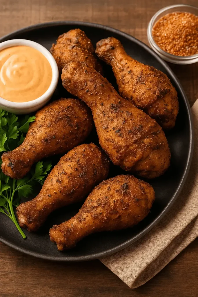 Smoked chicken drumsticks coated in smoked chicken rub, served with dipping sauce and parsley on a dark plate.