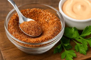 A bowl of smoked chicken rub with a spoon resting inside, surrounded by fresh parsley and dipping sauce.