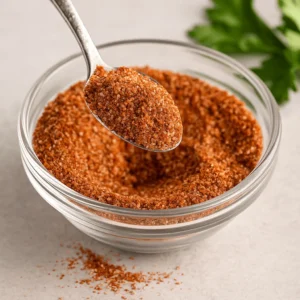 A glass bowl filled with homemade smoked chicken rub, with a spoon lifting a heaping scoop of the seasoning blend.