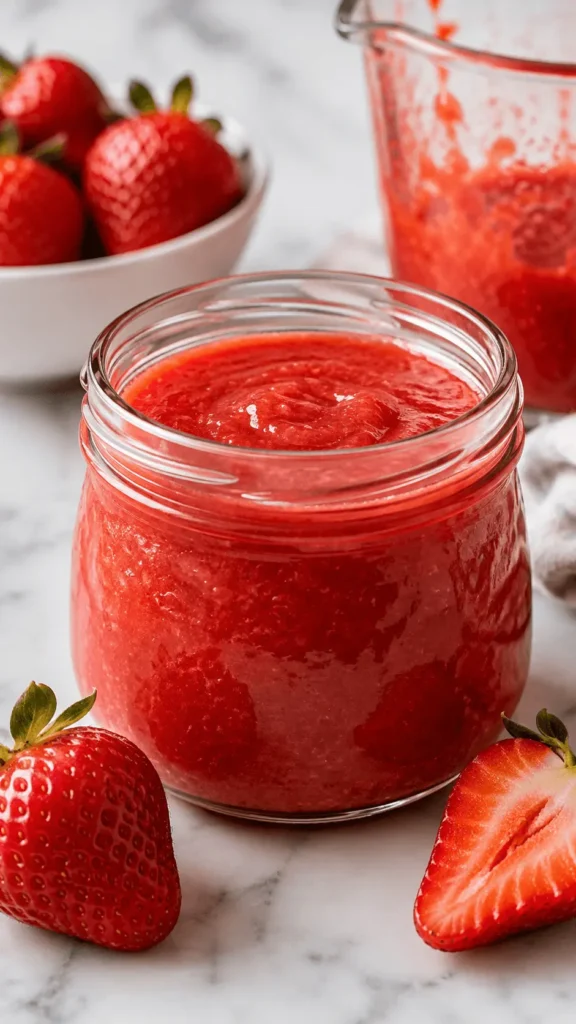 Strawberry Puree Recipe featuring smooth homemade strawberry puree in a clear glass jar, surrounded by fresh whole and sliced strawberries.