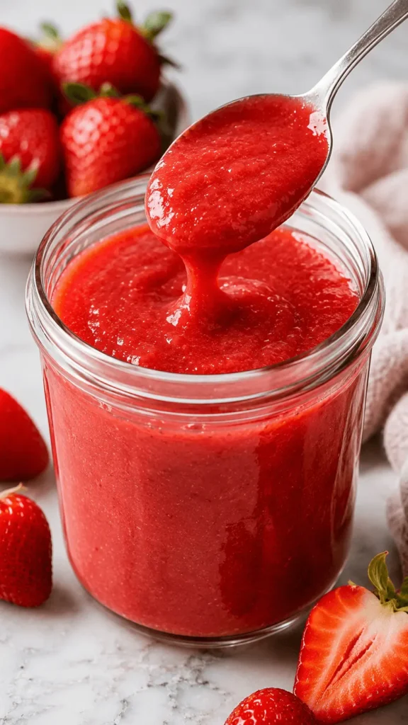 Strawberry Puree Recipe showing smooth homemade strawberry puree in a clear glass jar with a spoonful of puree lifted above and fresh strawberries around it.