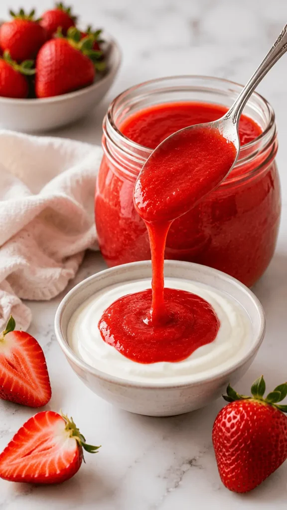 Strawberry Puree Recipe showing homemade strawberry puree being spooned over a bowl of creamy yogurt, with fresh strawberries and a jar of puree in the background.