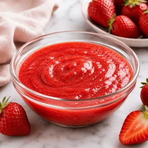 Strawberry Puree Recipe featuring smooth homemade strawberry puree in a clear glass bowl, surrounded by fresh whole and sliced strawberries.