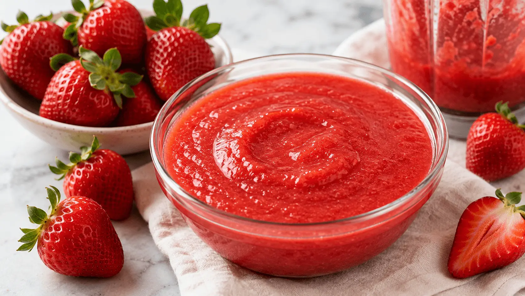 Strawberry Puree Recipe with smooth homemade strawberry puree in a clear glass bowl, surrounded by fresh strawberries on a light kitchen surface.