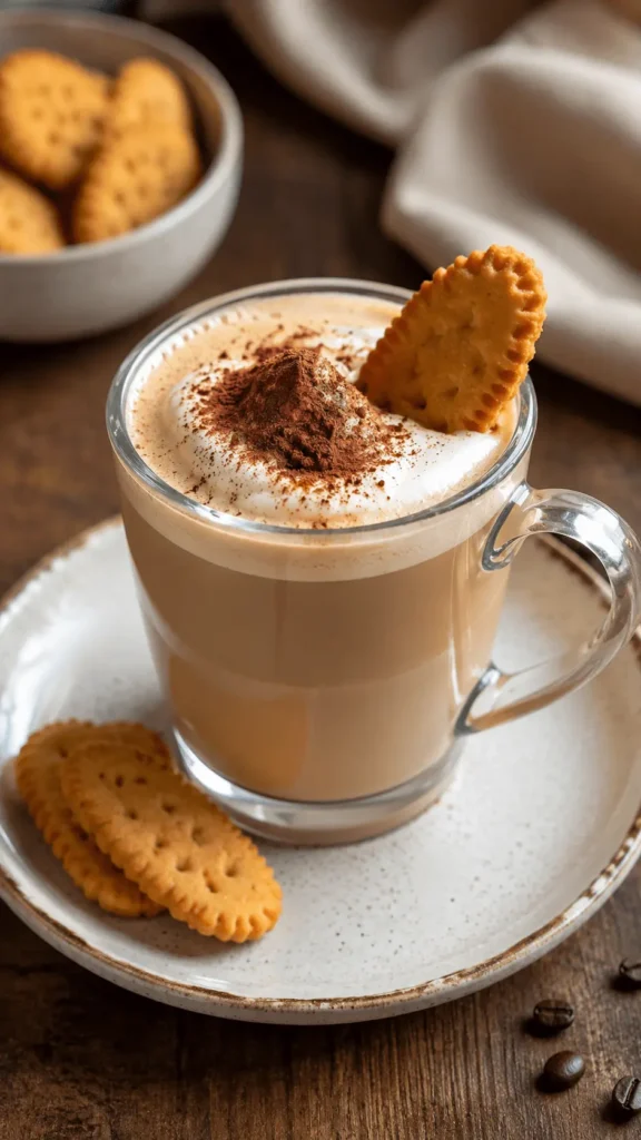 Tiramisu Latte in a clear glass mug topped with creamy foam, cocoa powder, and a golden biscuit.