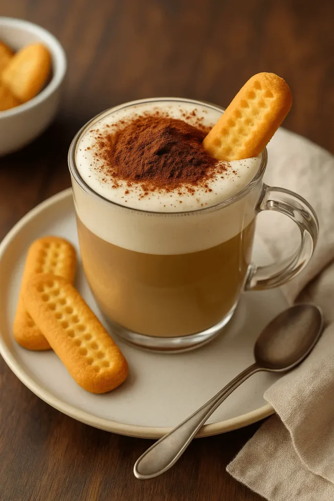 Glass cup of Tiramisu Latte topped with cocoa powder, served with butter cookies on a white plate.