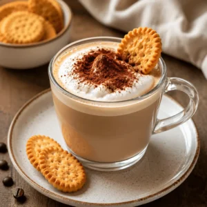Tiramisu Latte in a clear glass mug topped with creamy foam and cocoa powder, served with golden biscuits.