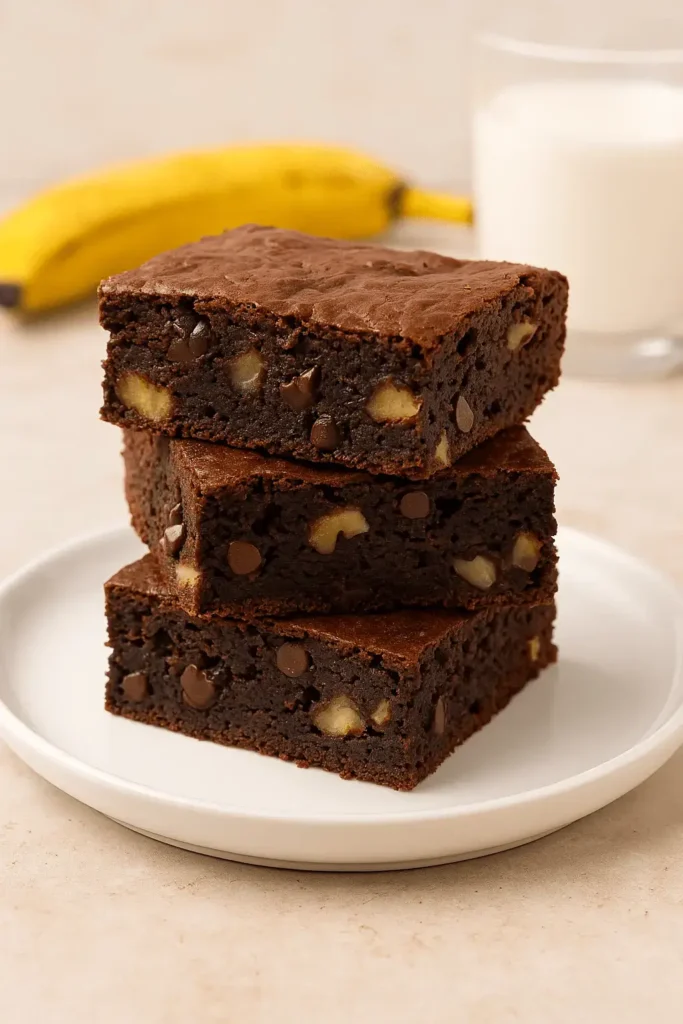 Three thick slices of banana brownies stacked on a white plate, showcasing the banana brownie recipe with visible chocolate chips and banana pieces.
