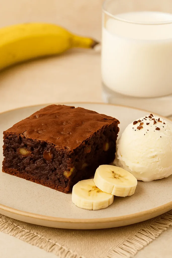 A slice of banana brownie served with vanilla ice cream and banana slices on a plate, part of a banana brownie recipe presentation.