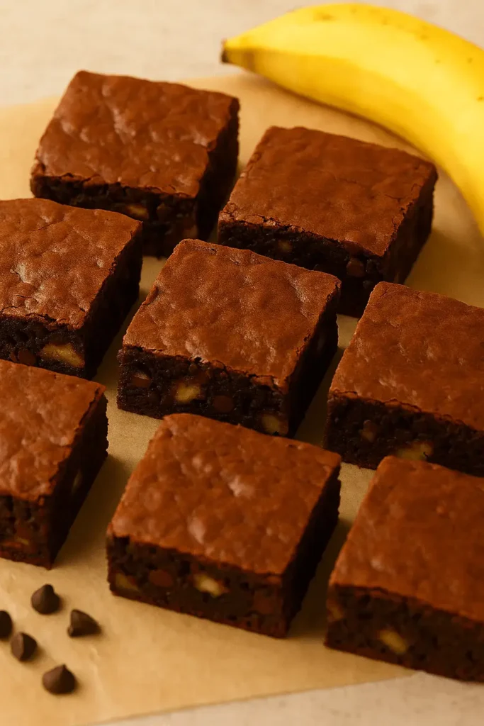 Squares of banana brownies arranged on parchment paper with a banana and chocolate chips in the background, showcasing a banana brownie recipe.