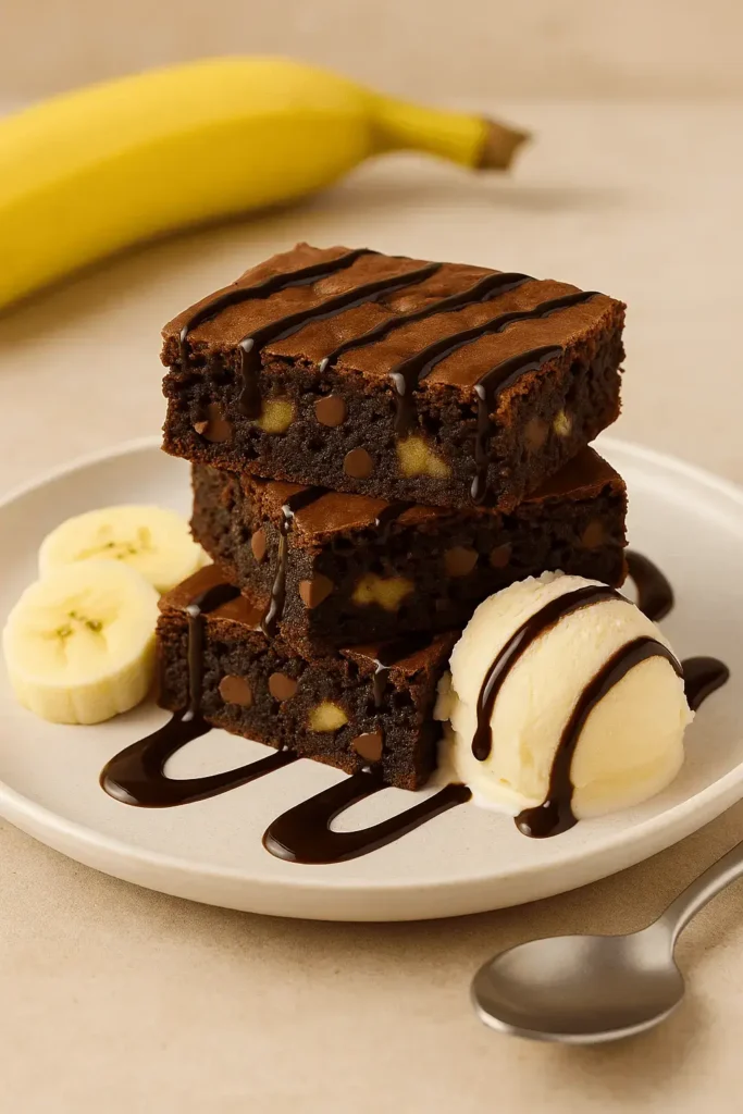 Stack of banana brownies drizzled with chocolate sauce, served with vanilla ice cream and banana slices — part of a banana brownie recipe.
