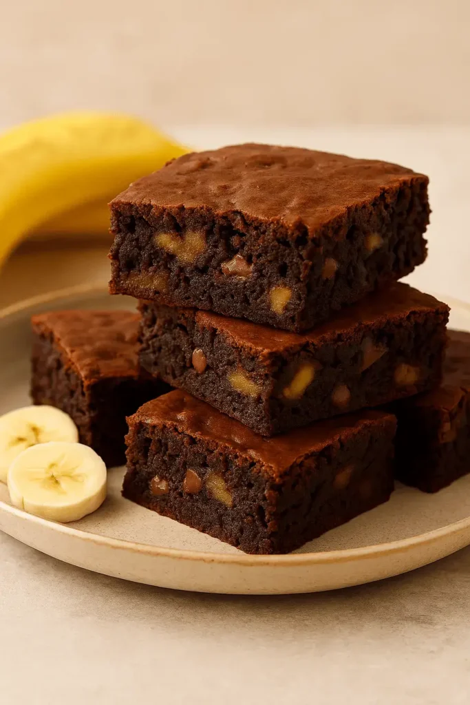 Stack of banana brownies on a beige plate with banana slices — a delicious banana brownie recipe featuring chunks of banana and chocolate.