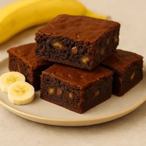 Banana brownies served on a beige plate with banana slices, made from a banana brownie recipe featuring chunks of banana and chocolate.