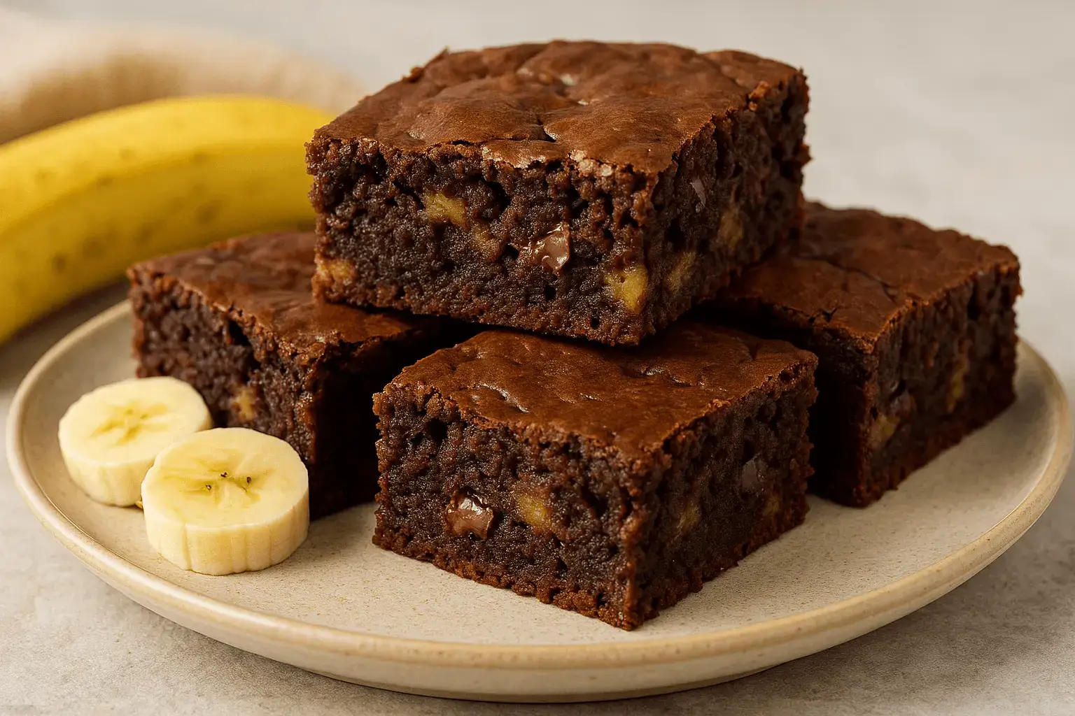 Stack of fudgy chocolate banana brownies with banana slices on a plate — part of a delicious banana brownie recipe.