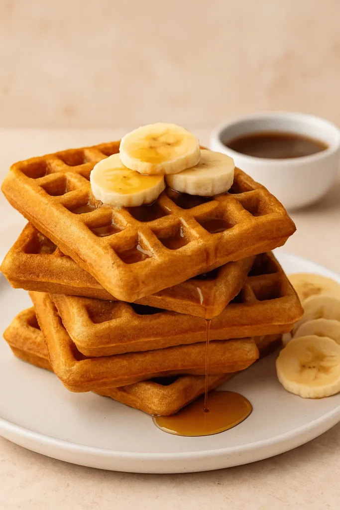 Stack of banana waffles with fresh banana slices and syrup on a white plate.