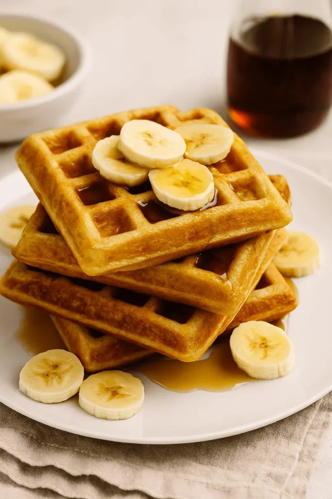 Stack of banana waffles with banana slices and syrup on a white plate.