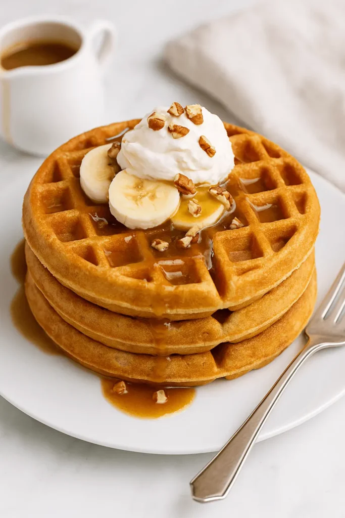 Round banana waffles topped with sliced bananas, whipped cream, chopped pecans, and syrup on a white plate.