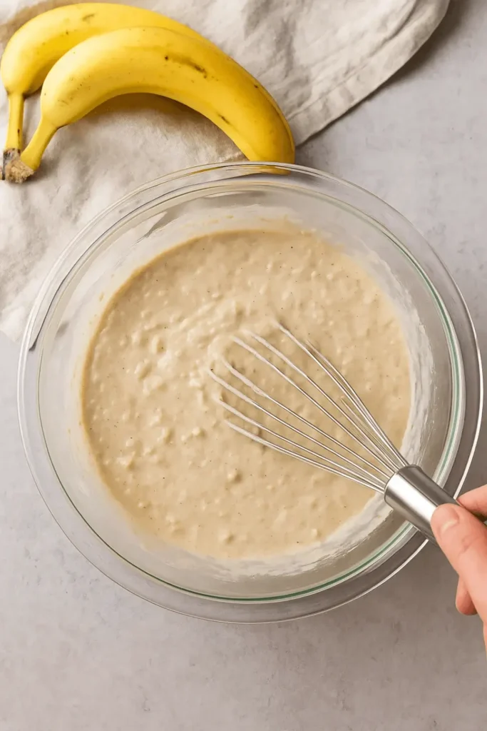 Banana waffles batter being whisked in a glass bowl with ripe bananas nearby.