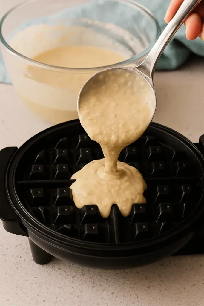 Banana waffles batter being poured into a hot waffle iron with a ladle.