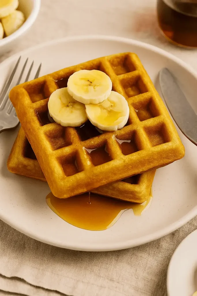 Two banana waffles topped with sliced bananas and syrup, served on a white plate with a knife and fork.