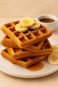 Stack of banana waffles topped with banana slices and maple syrup, served on a white plate.