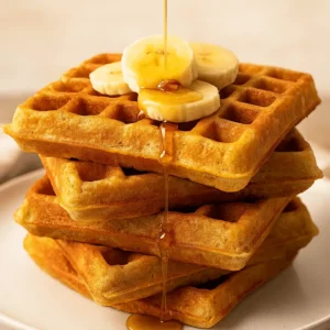 Stack of banana waffles topped with banana slices and syrup drizzle on a white plate.