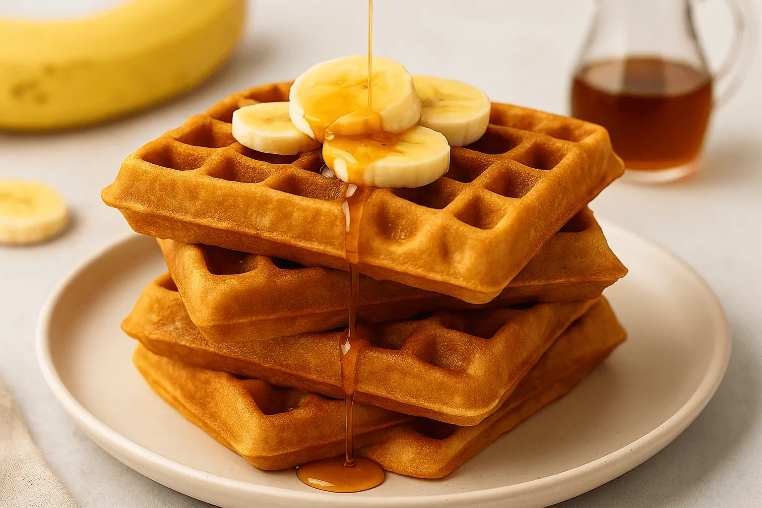 Stack of banana waffles with syrup drizzle and banana slices on top, served on a white plate.