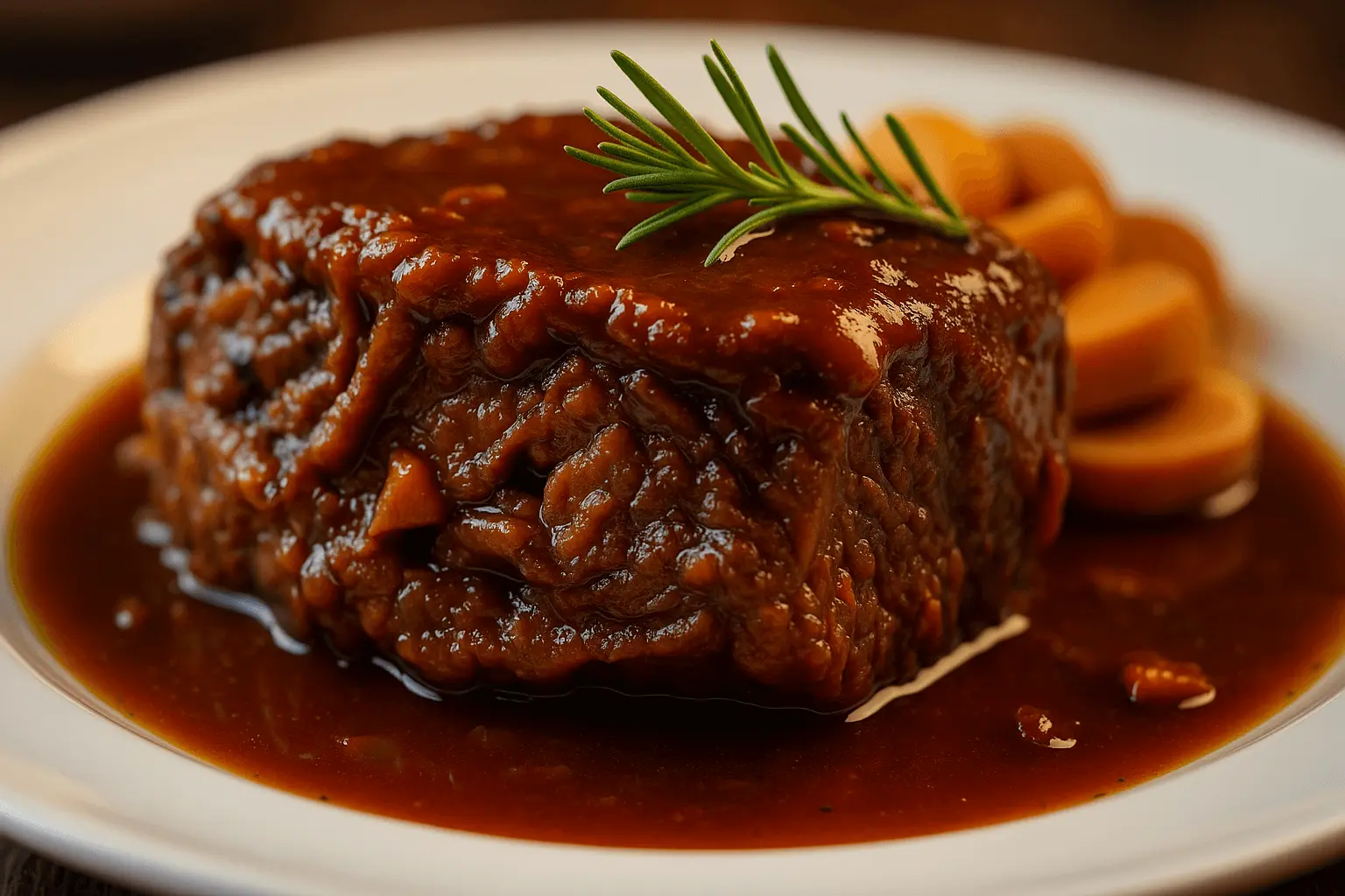 Braised beef cheek meat topped with rosemary and served in a rich brown sauce.