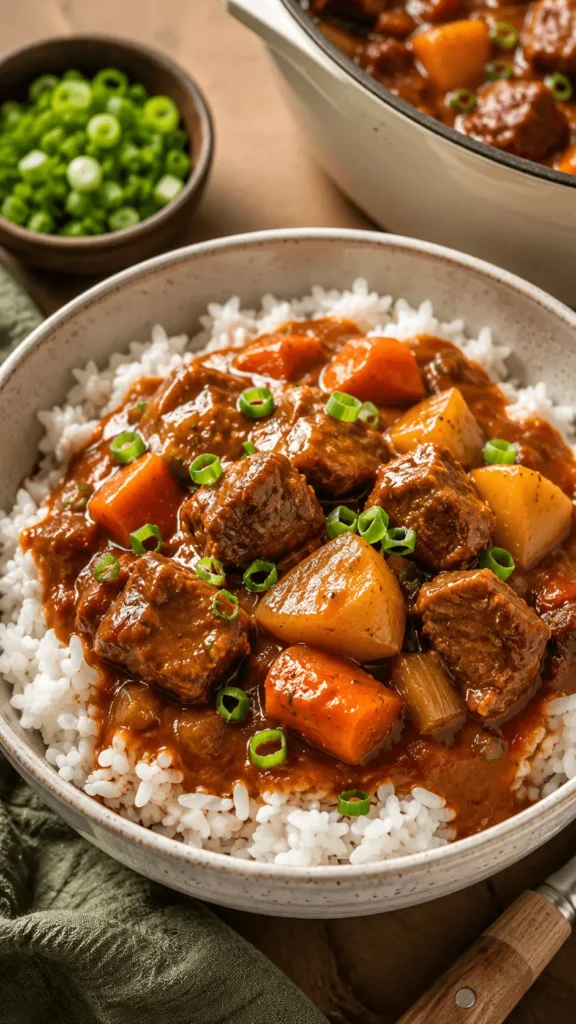 Beef stew recipe with tender beef, yellow potatoes, carrots, celery, and tomato-based gravy served over fluffy white rice.