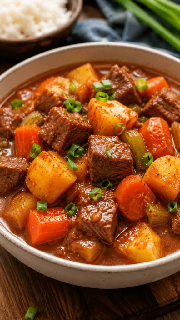 Beef stew recipe with tender beef chunks, yellow potatoes, carrots, celery, and green onions in a rich tomato-based gravy.