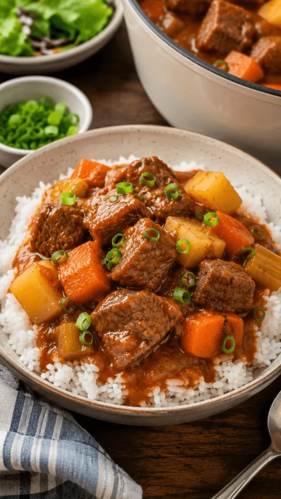 beef stew recipe with tender beef, yellow potatoes, carrots, celery, and tomato gravy served over fluffy white rice.
