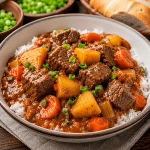 beef stew recipe with tender beef, yellow potatoes, carrots, celery, and rich tomato gravy served over white rice.