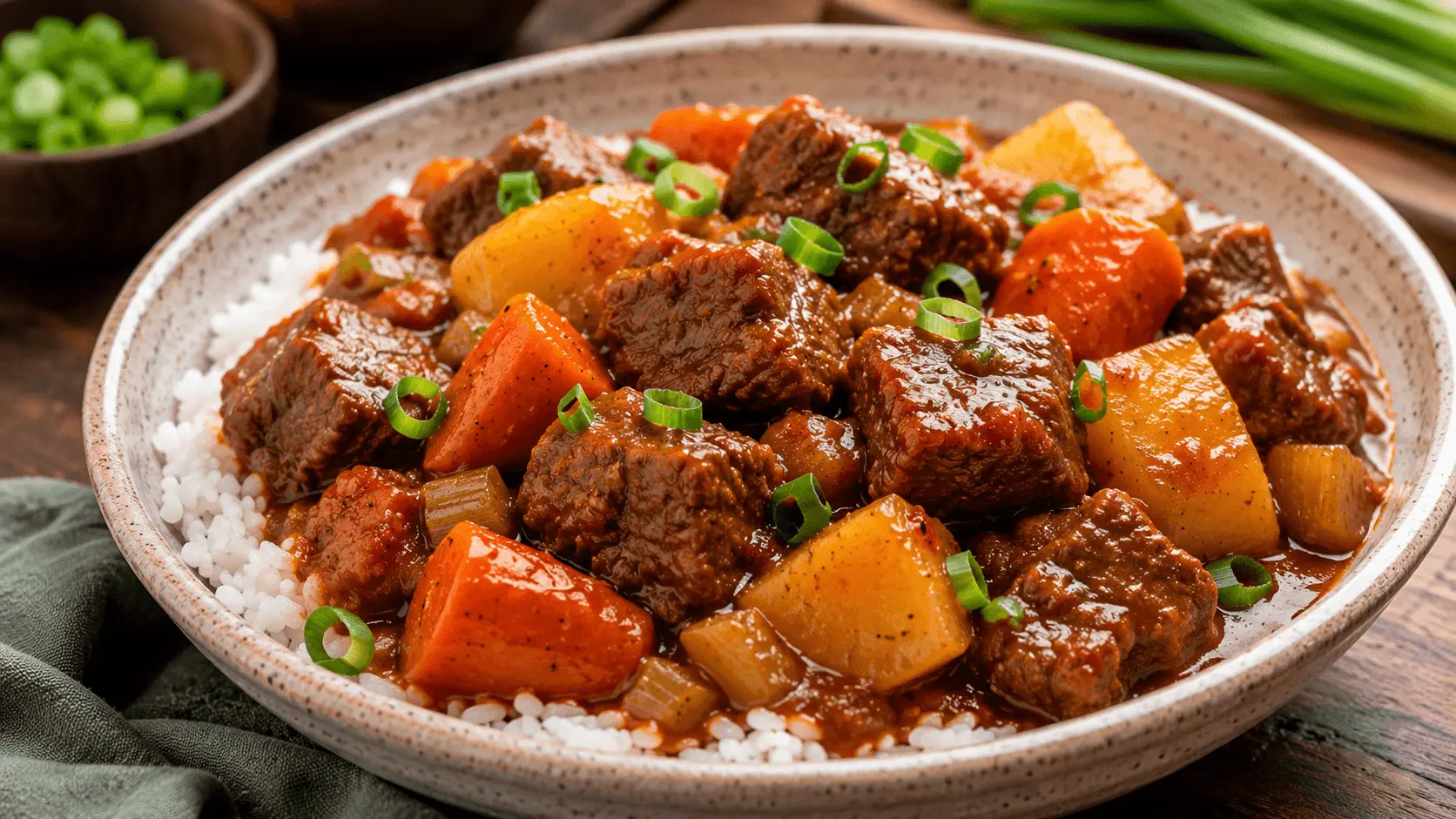 Beef stew recipe with tender beef, yellow potatoes, carrots, celery, and rich tomato gravy served over white rice.