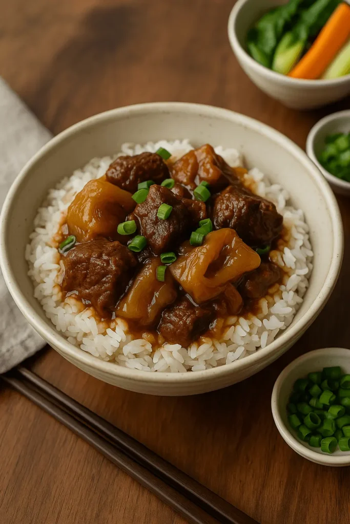 Beef Tendon Recipe served over a bowl of white rice, topped with sliced green onions.