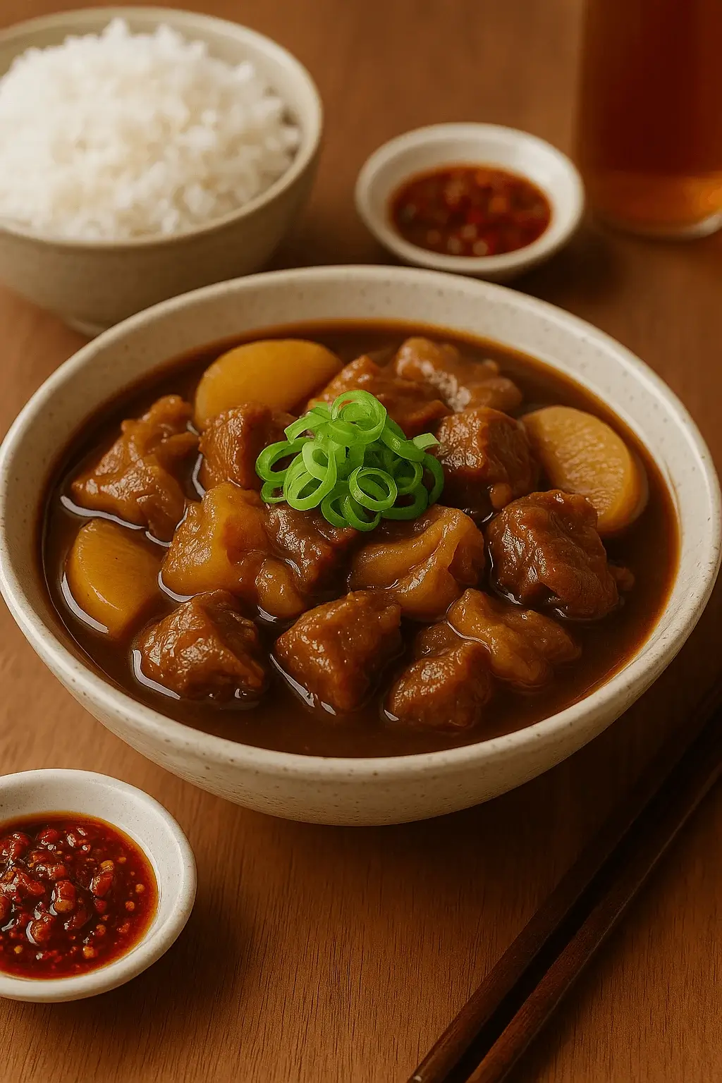 Bowl of Beef Tendon Recipe with daikon radish, garnished with green onions and served with rice.