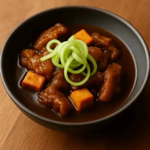 A bowl of beef tendon stew with diced carrots and green onion curls, part of a Beef Tendon Recipe.