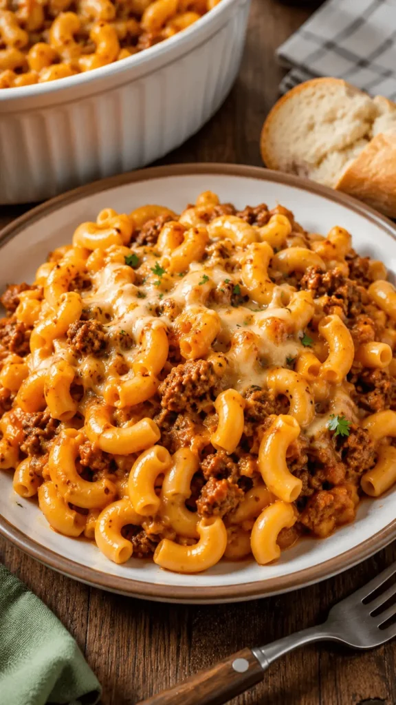 Beefaroni recipe with elbow macaroni, seasoned ground beef, tomato sauce, melted cheese, and parsley served in a shallow bowl.