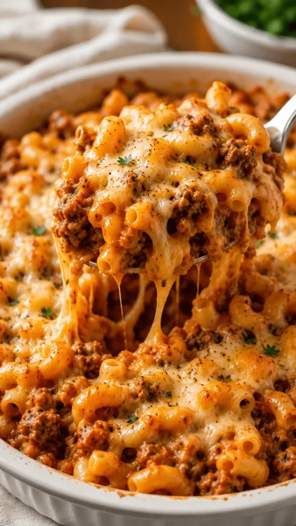 Beefaroni recipe with ground beef, elbow macaroni, tomato sauce, and melted cheese being lifted from a white casserole dish.